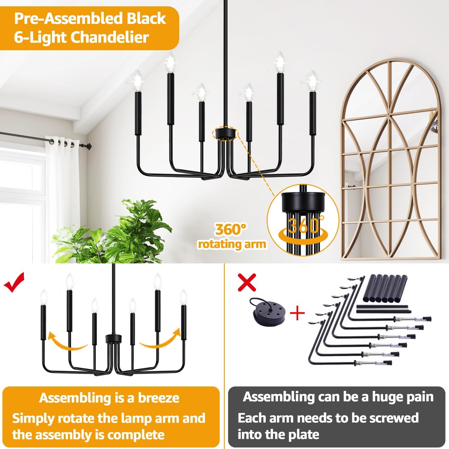 6-Light Black Farmhouse Chandelier